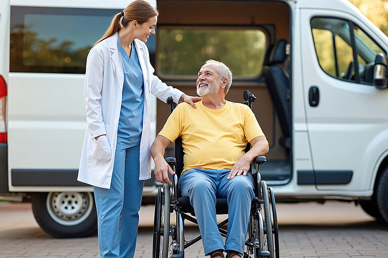 Rollstuhlfahrer vor einem Krankentransport